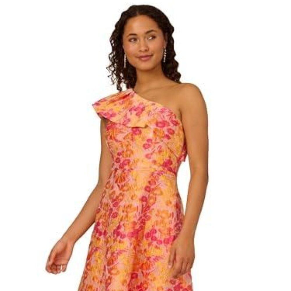 Adrianna Papell One-Shoulder Ruffle Fit-and-Flare Dress in Coral-Pink Print - Picture 2 of 13
